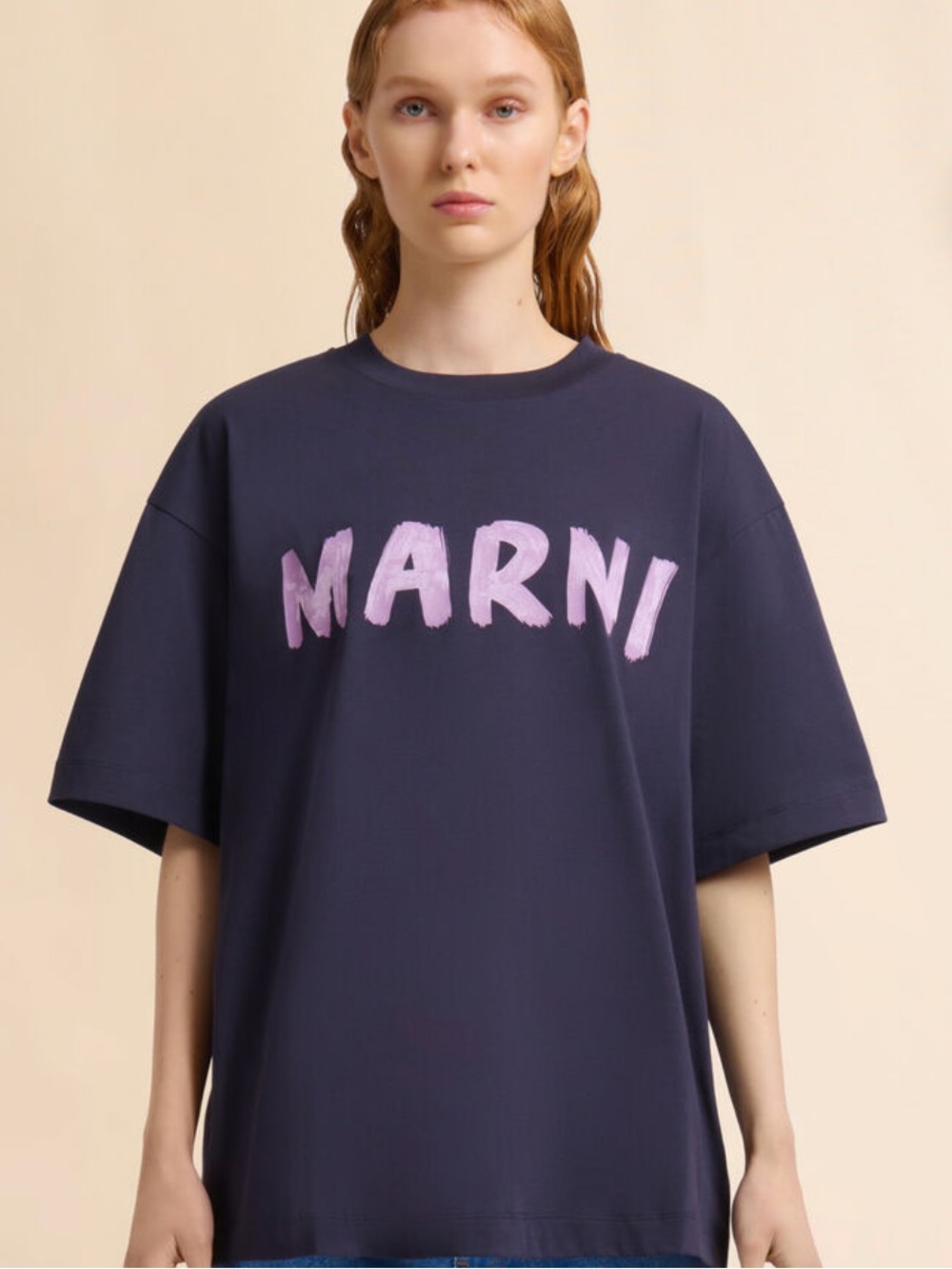 Marni Navy Short-Sleeve Tee with Pink Logo